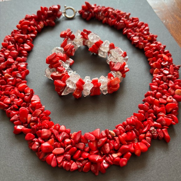 Red Coral Chip Statement Necklace And Bracelet Set | 18 IN - Picture 6 of 10
